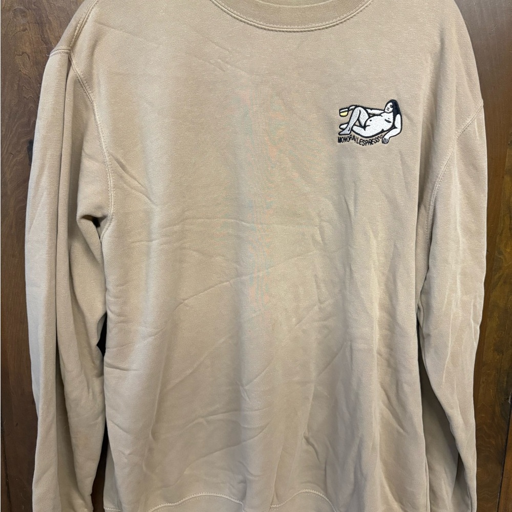 Tan Crewneck Sweater with Ribbed Cuffs and Collar